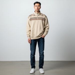 Rank 45 Men's Cream Quarter Zip Southwestern Kangaroo Pouch Sweatshirt Size L